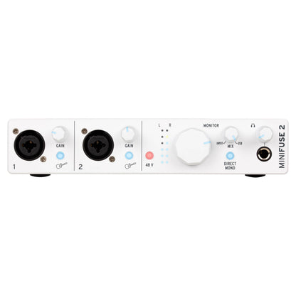 Front view of interface of Arturia MiniFuse Recording Pack White on white background