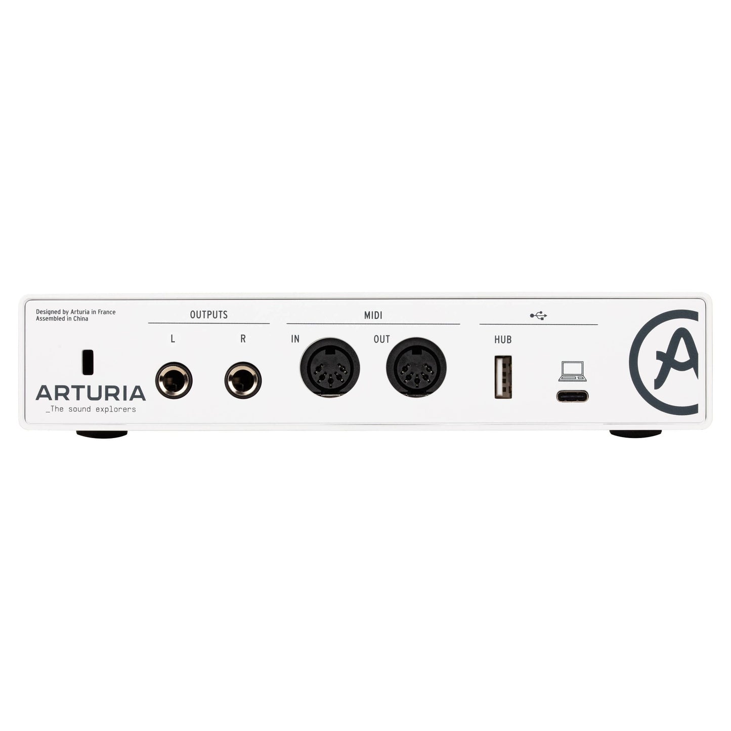 Rear view of interface of Arturia MiniFuse Recording Pack White on white background