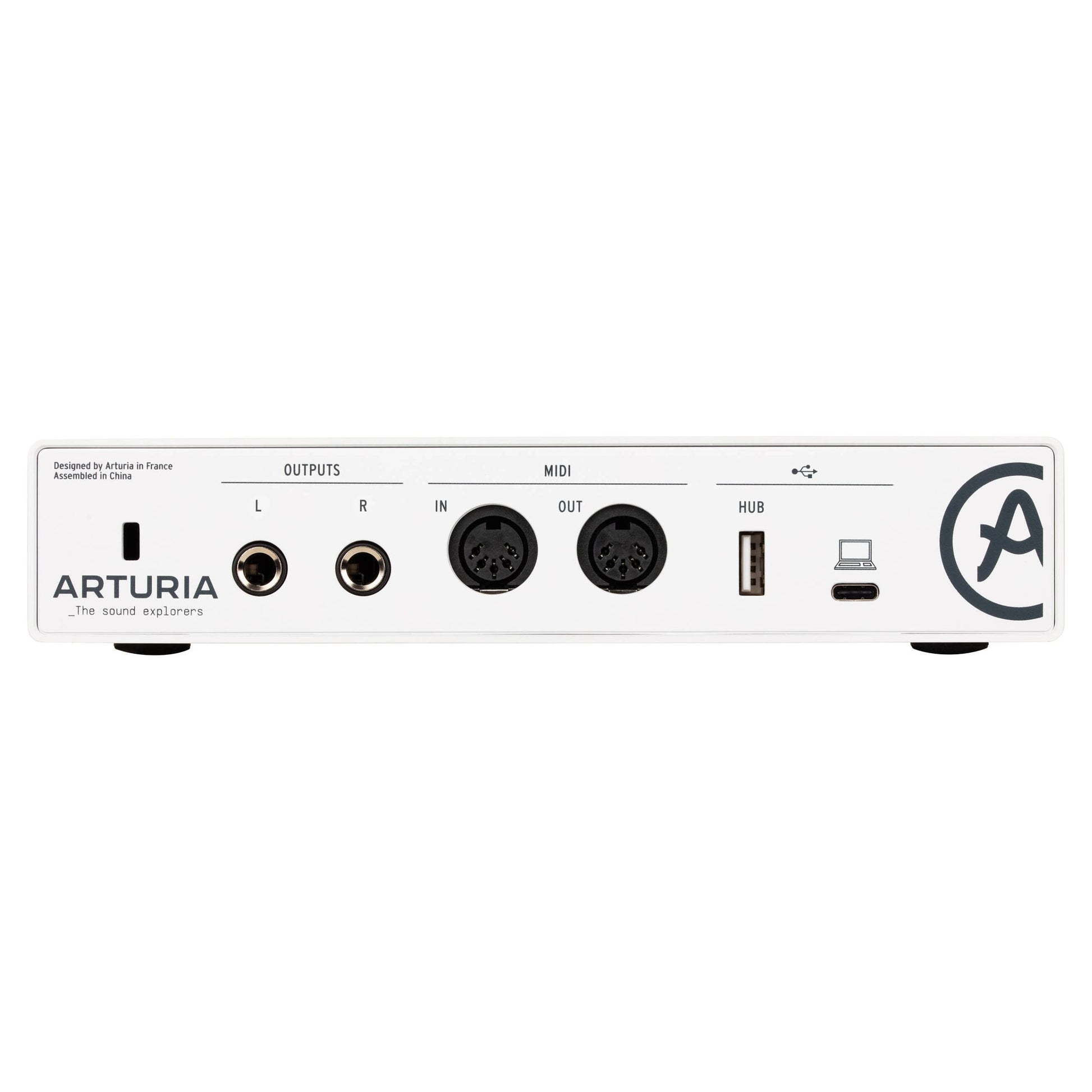 Rear view of interface of Arturia MiniFuse Recording Pack White on white background