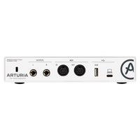 Rear view of interface of Arturia MiniFuse Recording Pack White on white background