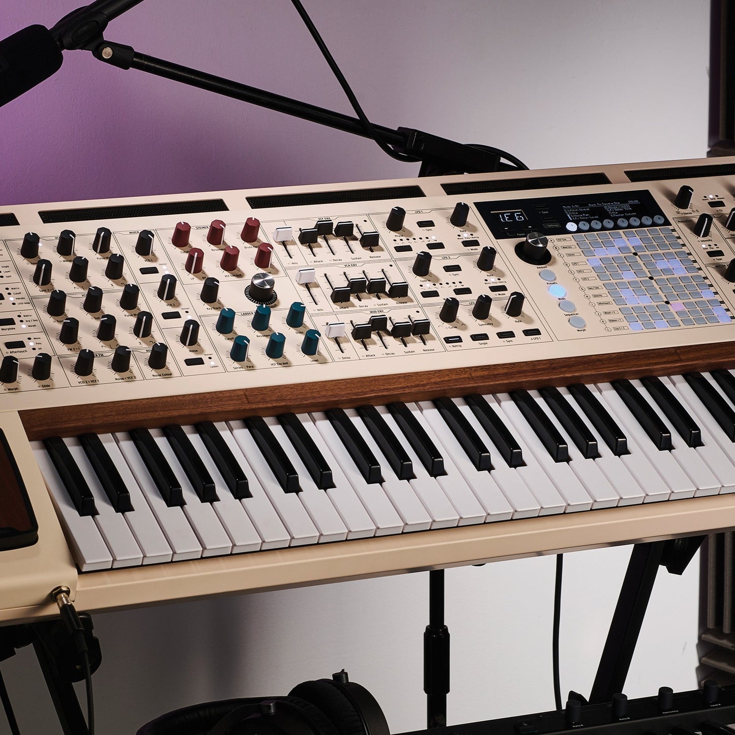 Close up view of Arturia PolyBrute 12 Analog Synthesizer on stand in studio