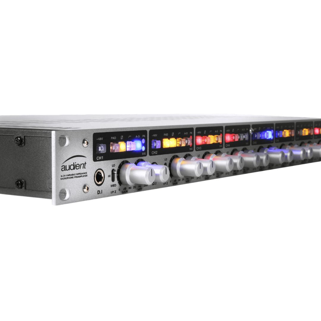 Angled close up view of Audient ASP880 on white background