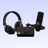 Front view of entire Audient EVO Start Recording Bundle on lilac background