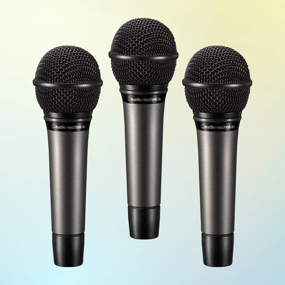 Front view of Audio-Technica ATM510PK Vocal Microphone Pack on blue and yellow gradient background