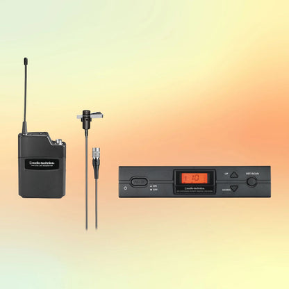 Inclusions of Audio-Technica ATW-2129c 2000 Series Wireless Microphone System on yellow and orange gradient background