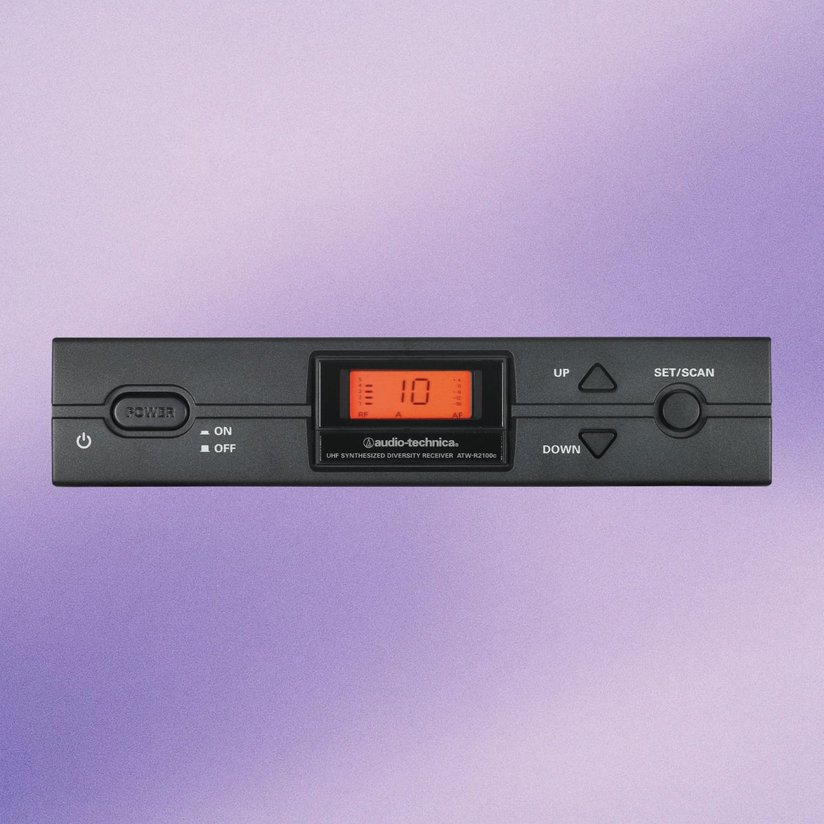 Front view of Audio-Technica ATW-R2100c Wireless Microphone Receiver on purple background