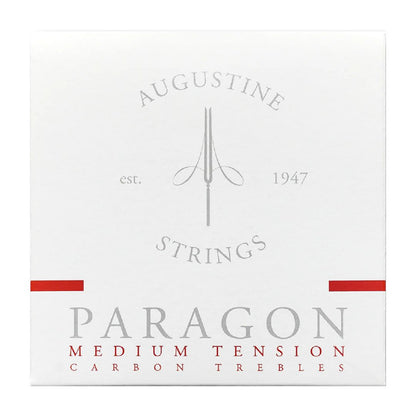 Box of Augustine Strings Paragon Medium Tension Carbon Trebles on a white background