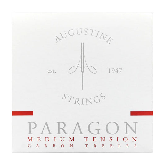 Box of Augustine Strings Paragon Medium Tension Carbon Trebles on a white background