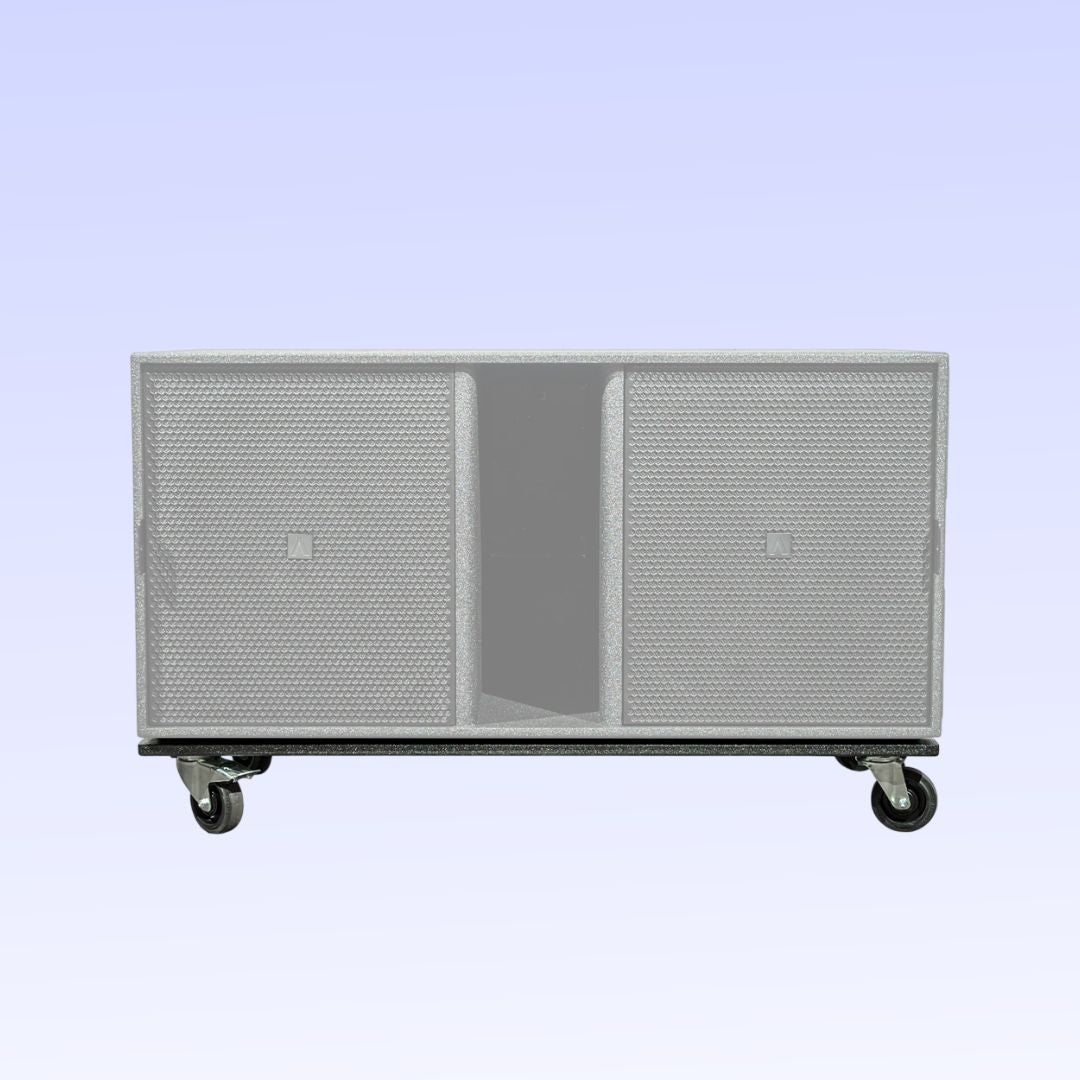 Side view of Avante Audio ADB218 Transport Dolly Cart with speaker on top on purple background