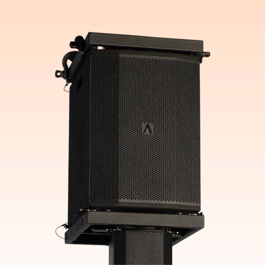 Speaker mounted on Avante Audio IMPERIO FLYBAR LG Black on orange background