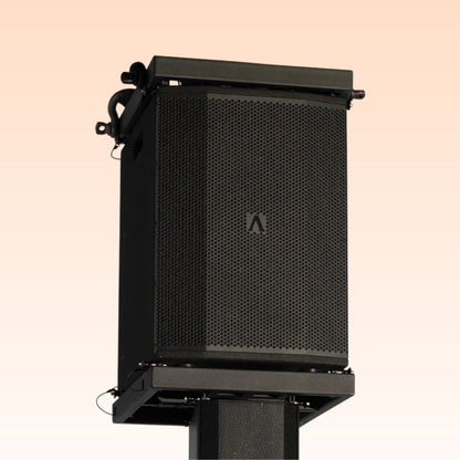 Speaker mounted on Avante Audio IMPERIO FLYBAR LG Black on orange background