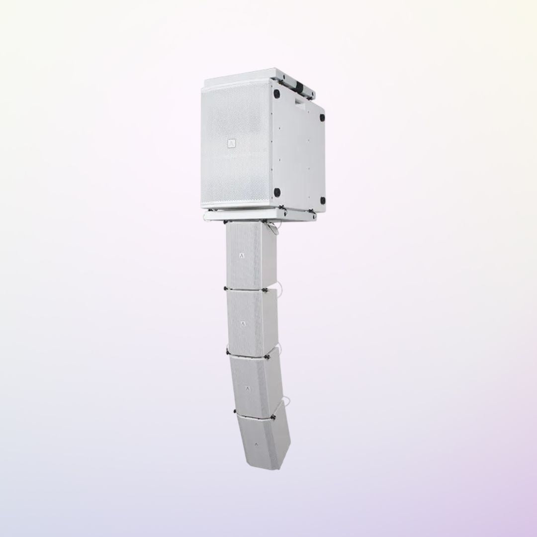 Angled view of Avante Audio Imperio Show Rig 210 (White) on purple gradient background