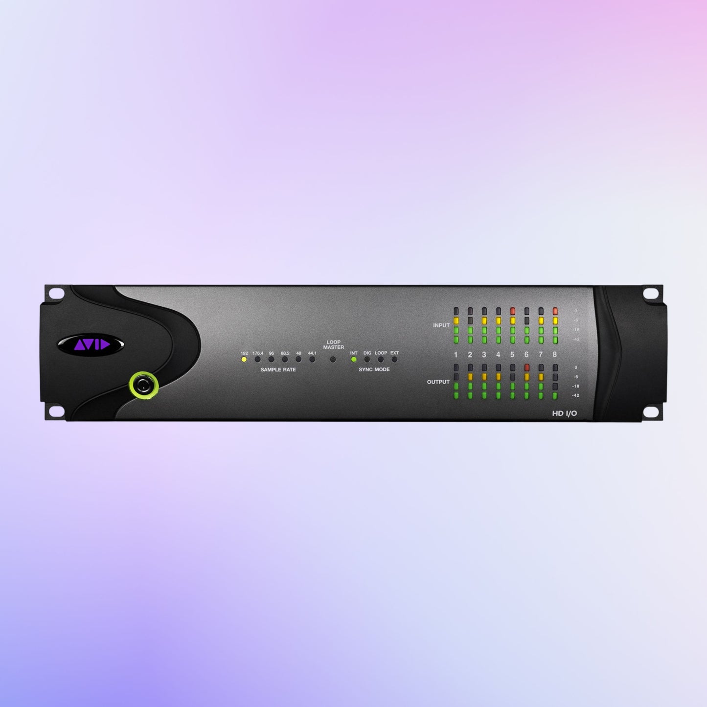 Front view of Avid Pro Tools HD I/O 8x8x8 on purple gradient background
