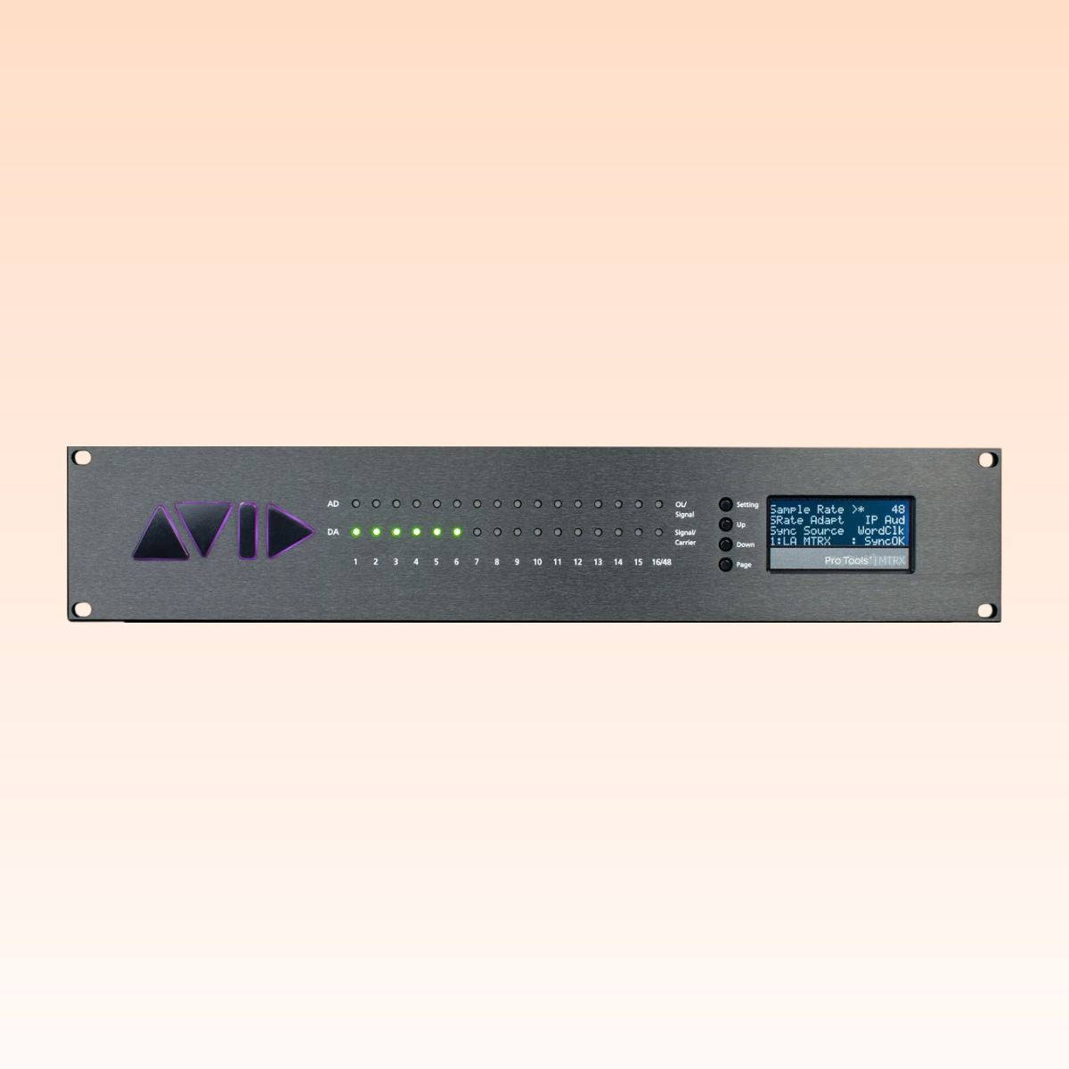 Front view of Avid Pro Tools MTRX Base Unit on orange background