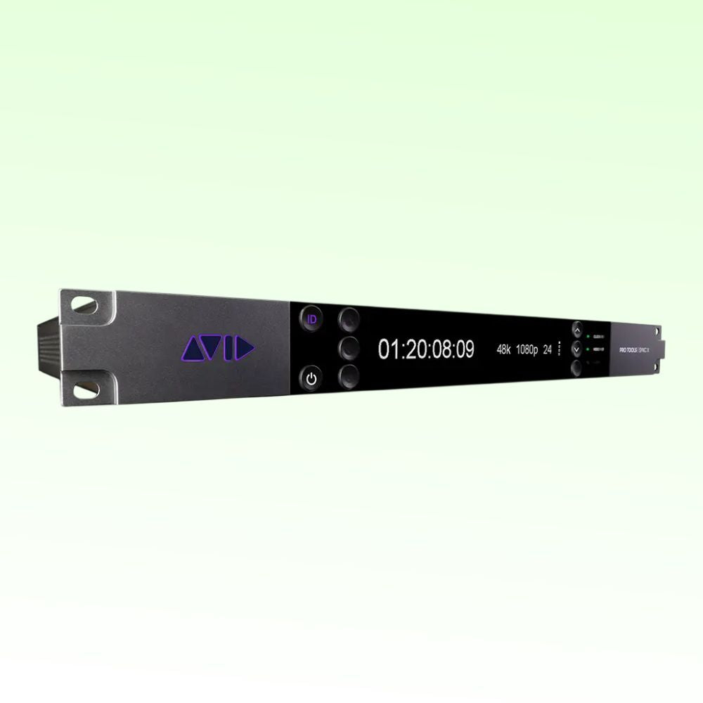 Angled view of Avid Pro Tools Sync X on green background