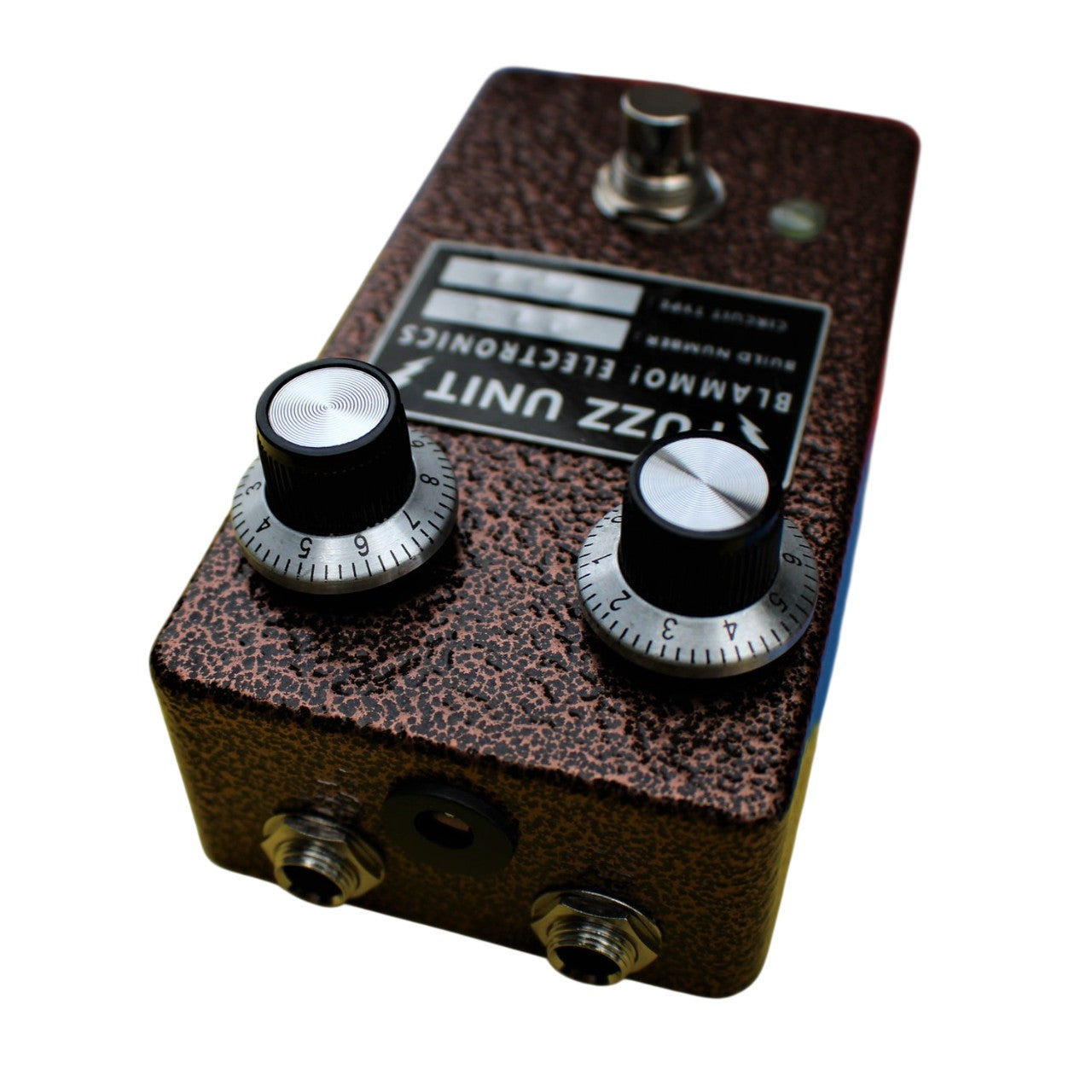 Angled top jacks view of BLAMMO! Electronics P2P Tone Bender MKi Pedal on white background