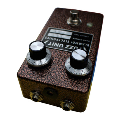 Angled top jacks view of BLAMMO! Electronics P2P Tone Bender MKi Pedal on white background