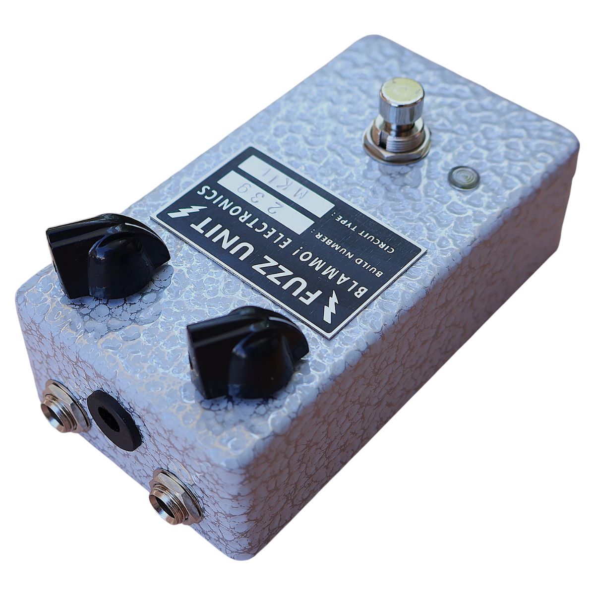 Angled top ports view of BLAMMO! Electronics P2P Tone Bender MKii Pedal on white background