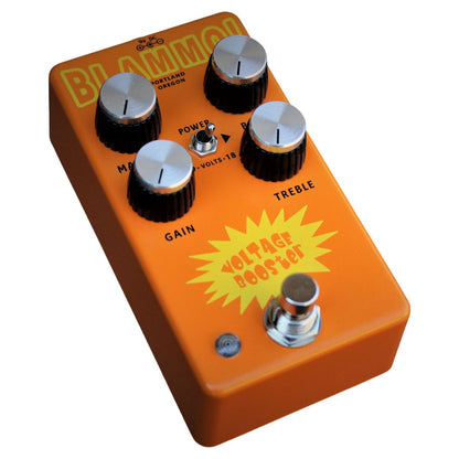 Angled view of BLAMMO! Voltage Booster Pedal on white background