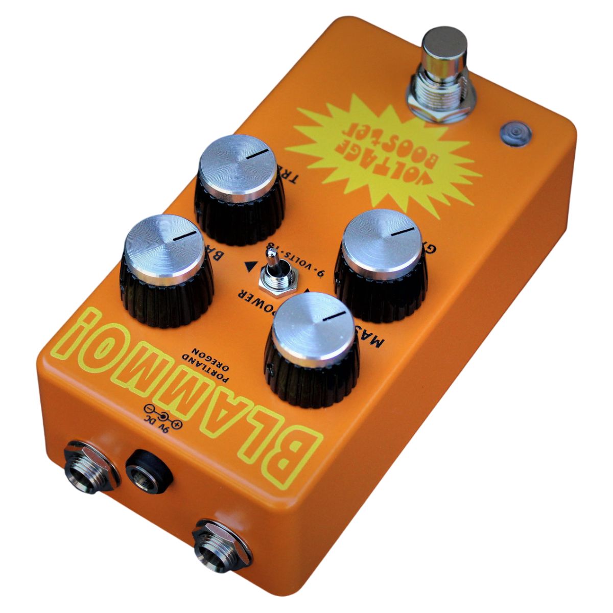 Angled top ports view of BLAMMO! Voltage Booster Pedal on white background