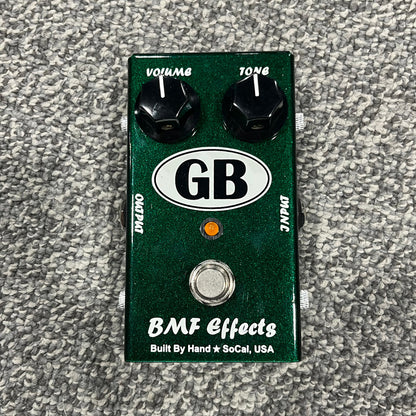 Front view of BMF Effects GB Boost Germanium Booster Pedal on gray carpet