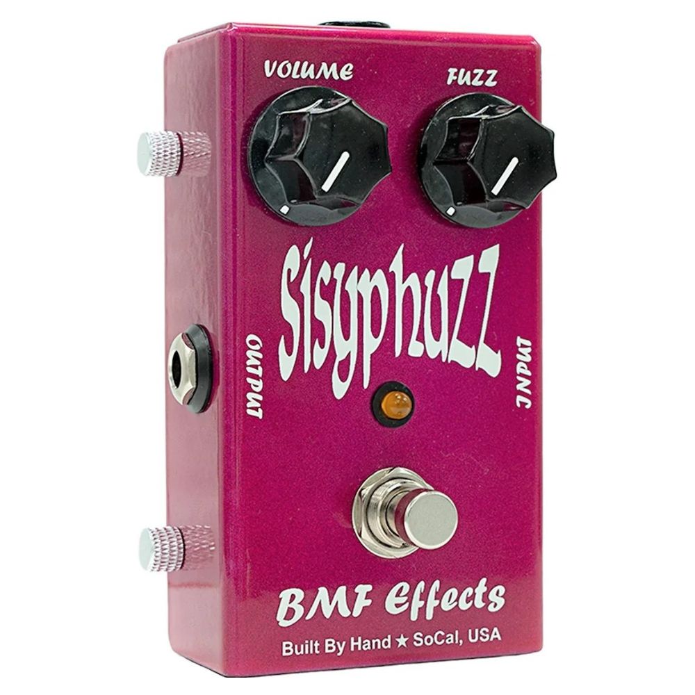 Angled view of BMF Effects Sisyphuzz Silicon Fuzz Pedal on white background