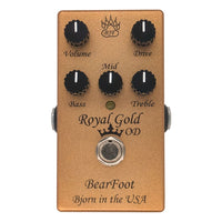 Front view of BearFoot FX Royal Gold OD pedal on white background