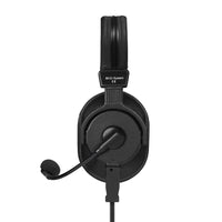 Black headset with microphone on a white background