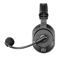 Black headset with microphone on a white background