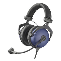 Headphones with blue ear cups and microphone on a white background