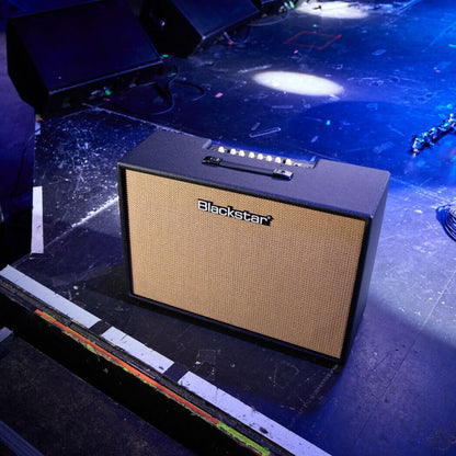 Angled top view of Blackstar Debut 100R 212 Combo Amplifier Black on stage