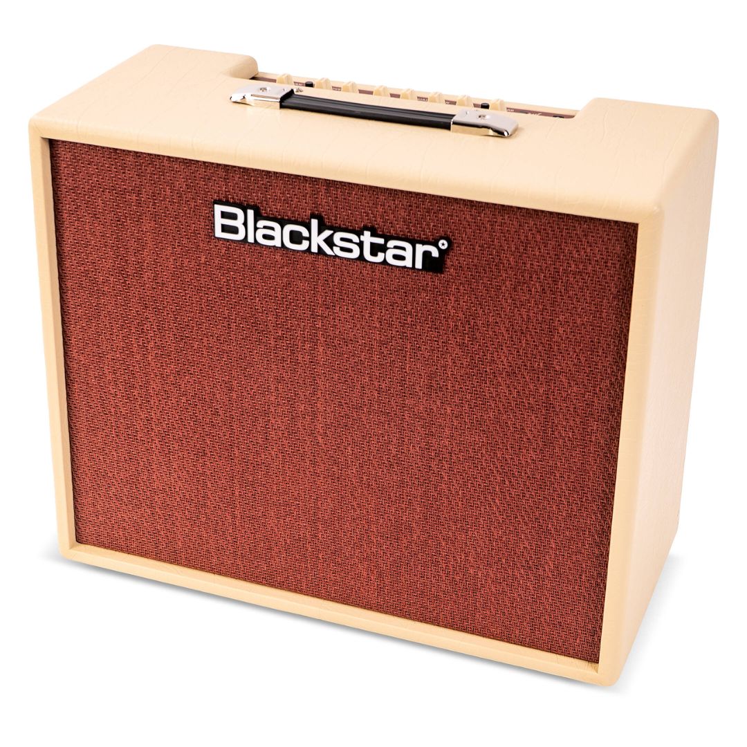 Angled view of Blackstar Debut 100R Combo Amplifier Cream on white background