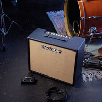 Angled top view of Blackstar Debut 100R Combo Amplifier Black on stage 