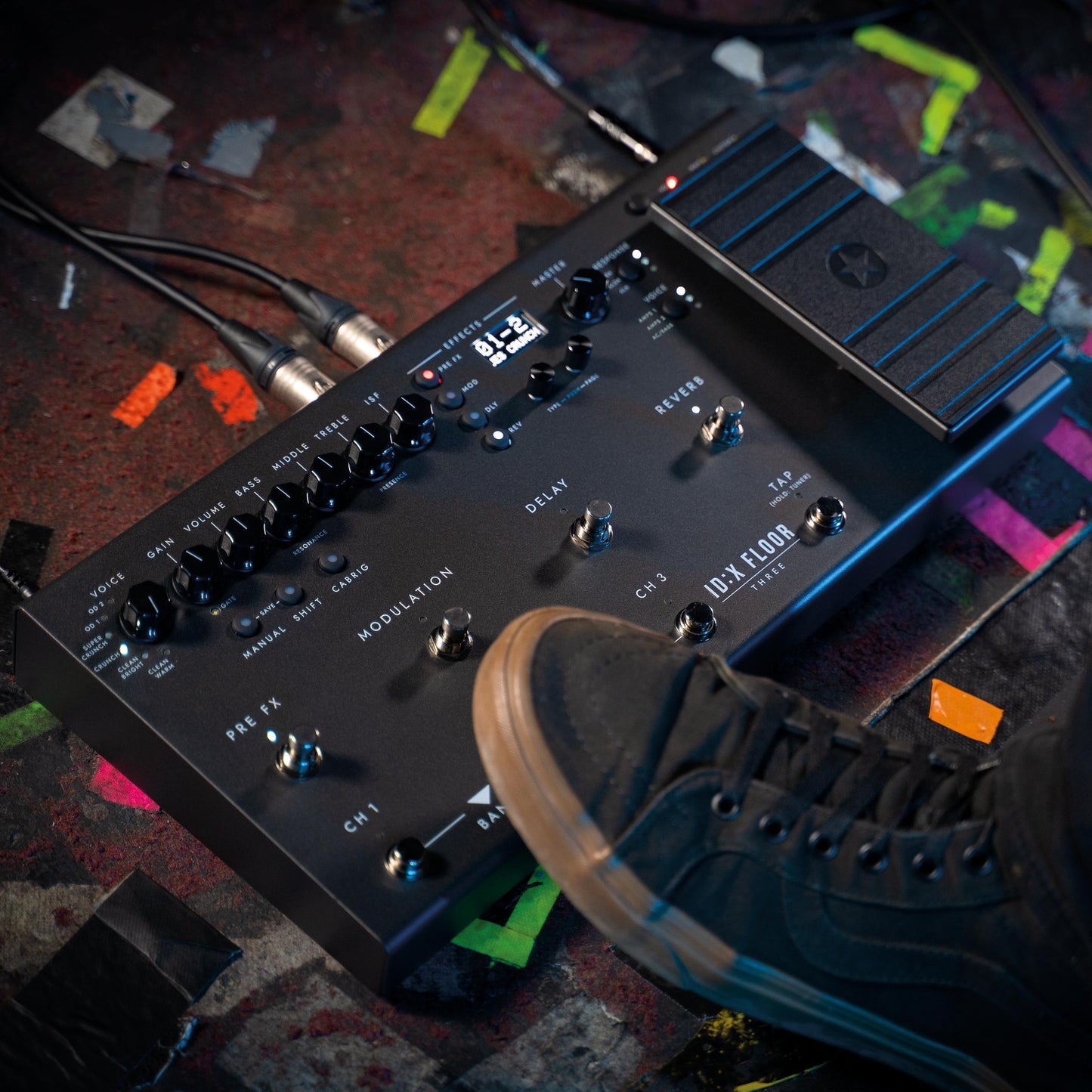 Foot stepping on Blackstar ID:X Floor Three Multi-FX Pedal on venue floor