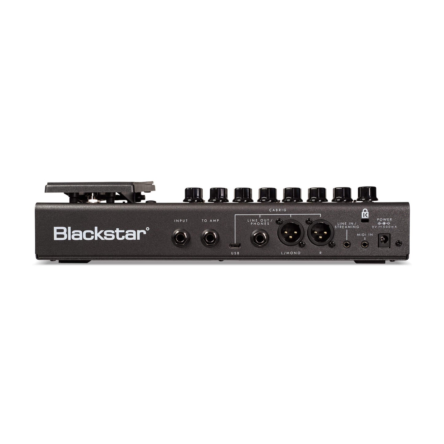 Top jacks view of Blackstar ID:X Floor Two Multi-FX Pedal on white background