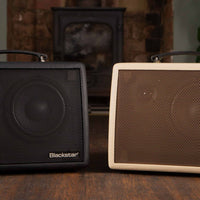 Close up view of Blackstar Sonnet 60 Acoustic Guitar Amplifier Black and Blonde side by side in living room