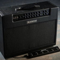 Angled view of Blackstar St. James 100 Combo with included footswitch on grey floor