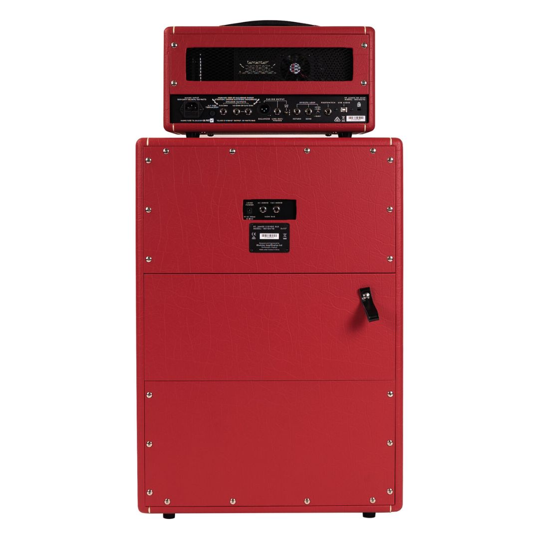 Rear view of Blackstar St. James TL50 Toby Lee Signature Amp Head and Cabinet Closed on white background