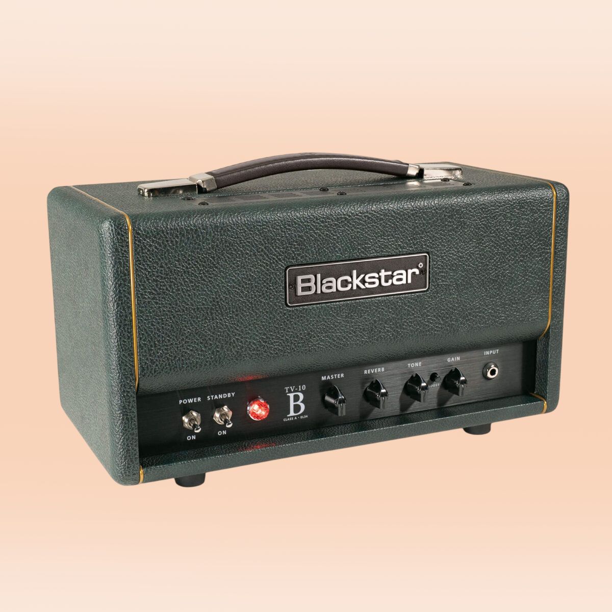 Angled front view of Blackstar TV-10 BH Guitar Amp Head on orange background