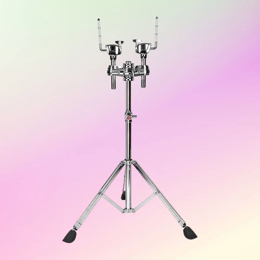 Front view of British Drum Co. CAS-HW-DTS Casino Double Tom Stand on pink gradient background