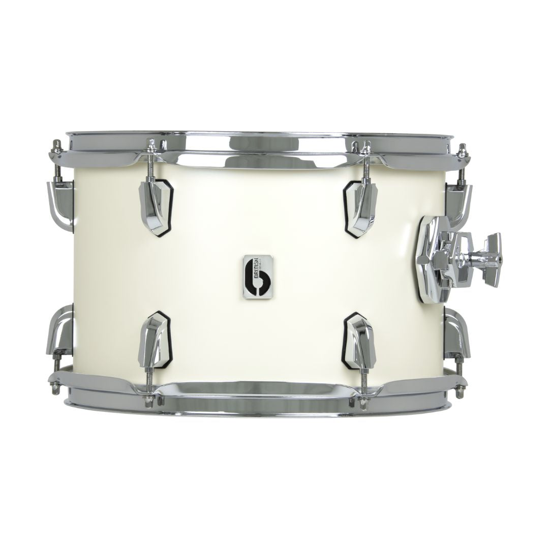 Front view of British Drum Co. Enigma Tom Drum Olde English White 10" x 7" on white background