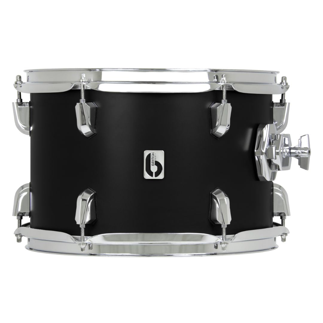 Front view of British Drum Co. Enigma Tom Drum Satin Black 14" x 14" on white background