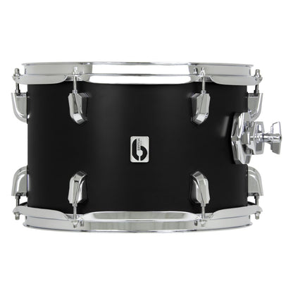Front view of British Drum Co. Enigma Tom Drum Satin Black 14" x 14" on white background