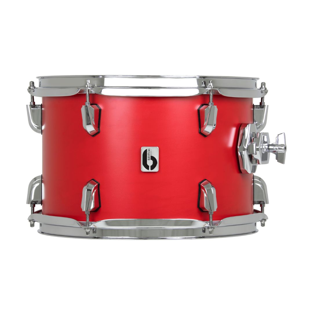 Front view of British Drum Co. Enigma Tom Drum Satin Scarlet 10" x 7" on white background