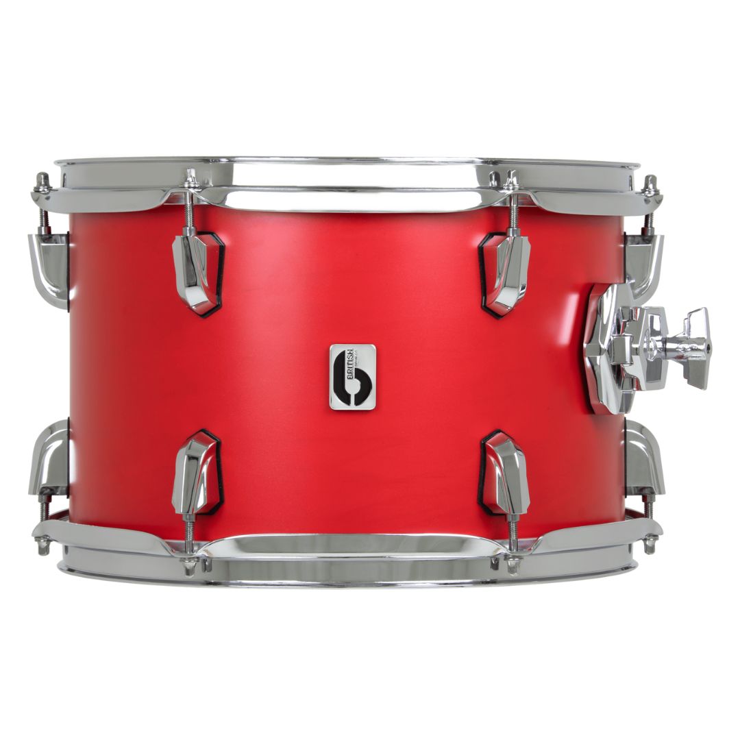 Front view of British Drum Co. Enigma Tom Drum Satin Scarlet 14" x 14" on white background
