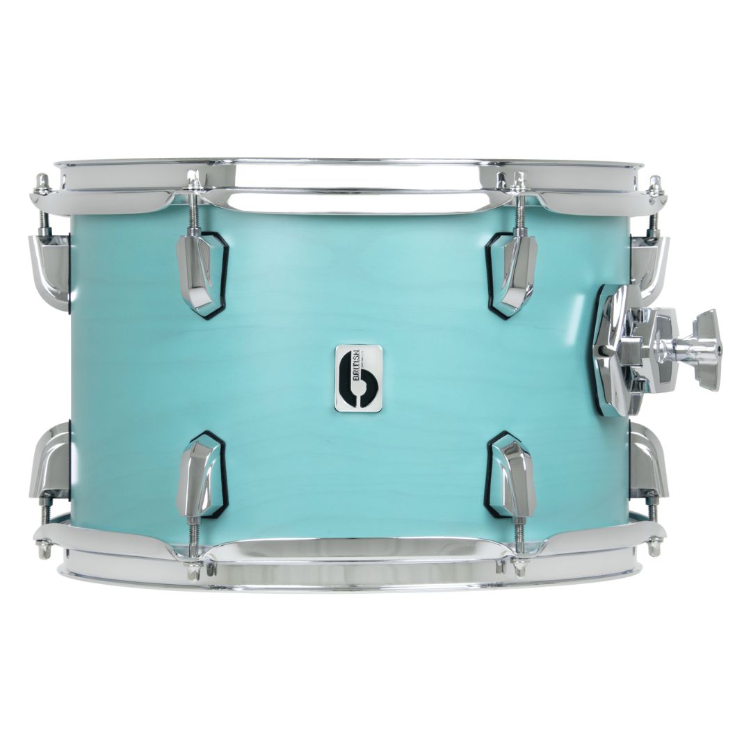 Front view of British Drum Co. Enigma Tom Drum Satin Teal 14" x 14" on white background