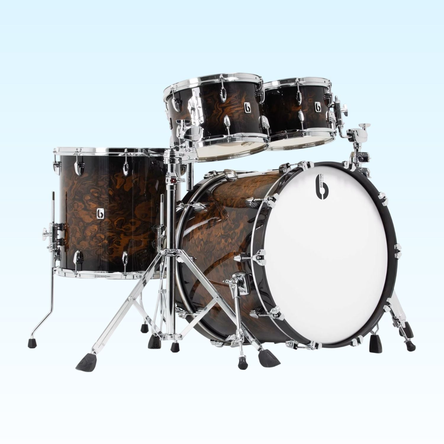 Angled view of British Drum Co. Legend Series 22" Fusion Kit Windsor Dark (HGL) on blue background
