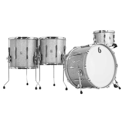 Angled view of British Drum Co. Legend Series 22" Fusion Kit Sheffield Silver on white background