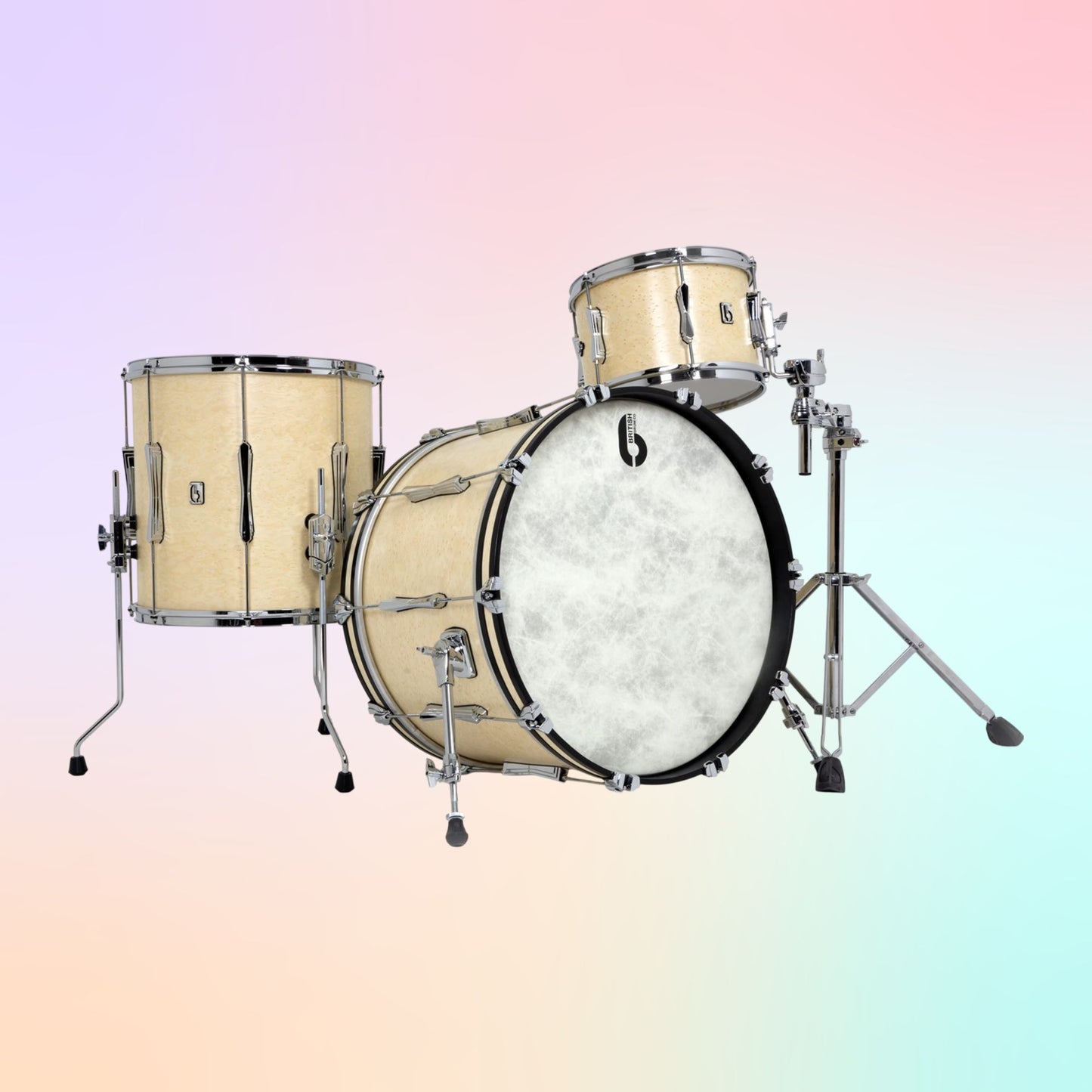 Angled view of British Drum Co. Lounge Series 22" Club Kit Wiltshire White on multicolored background