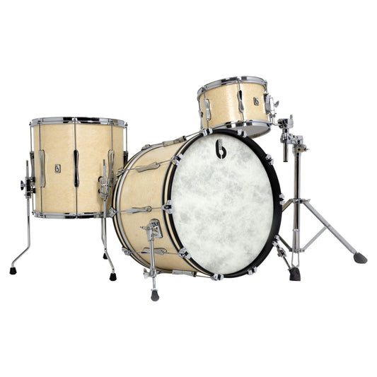 Angled view of British Drum Co. Lounge Series 22" Club Kit Wiltshire White on white background